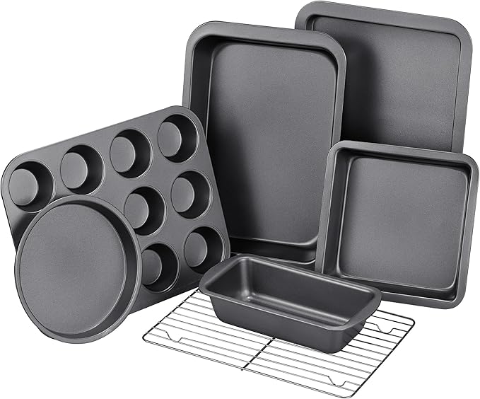 KITESSENSU Baking Pans Sets, Nonstick Bakeware Sets 7-Piece with Round/Square Cake Pan, Loaf Pan
