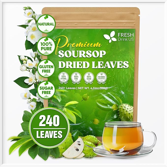 FreshDrinkUS, 240+ Premium Soursop Graviola Dried Leaves Tea, 230-250 Whole Soursop Leaves