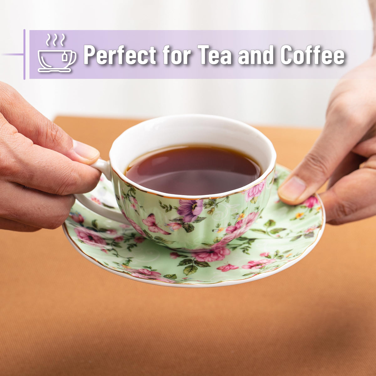 BTaT- Floral Tea Cups and Saucers Set of 6 (7 oz), Porcelain Tea Cups Set of 6, Modern Midnight