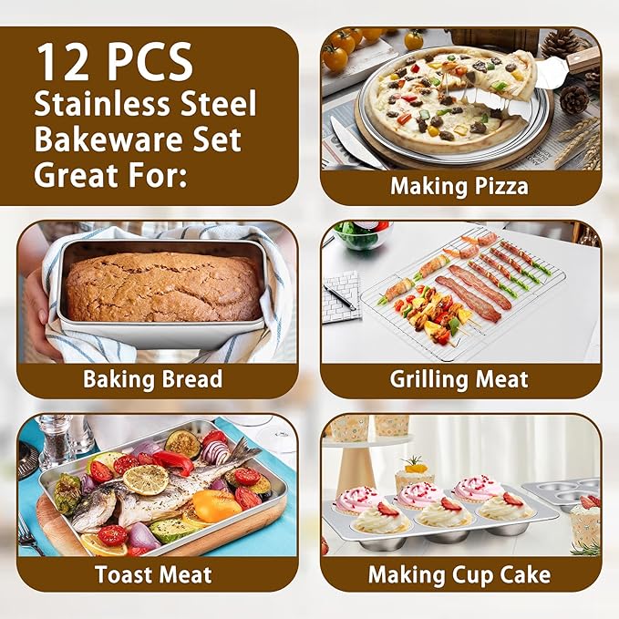 P&P CHEF Stainless Steel Bakeware Set, 12-Piece Kitchen Baking Pans Set, Baking Sheet with Rack