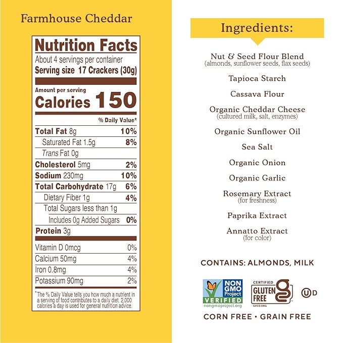 Simple Mills Almond Flour Crackers, Farmhouse Cheddar - Gluten Free, Healthy Snacks, 4.25 Ounce