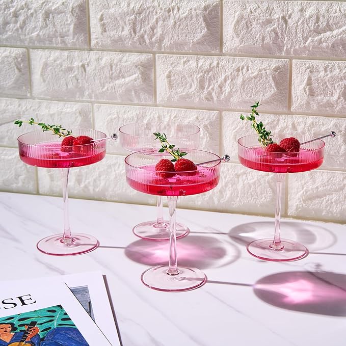 Khen Ribbed Vintage Art Deco Coupe Glasses - Martini, Champagne & Cocktail Ribbed Glasses 8oz |