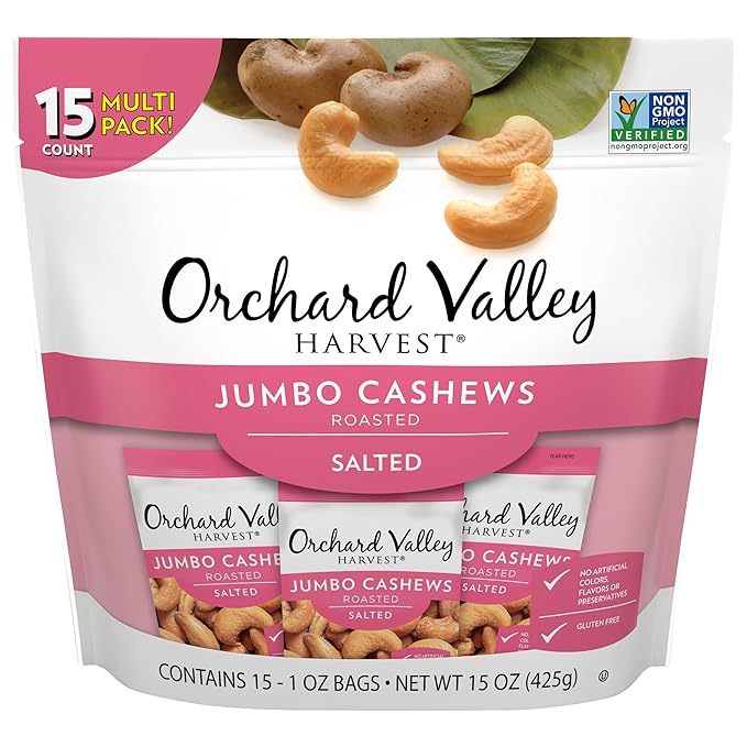 Orchard Valley Harvest Jumbo Cashews, 1 oz Bags (Pack of 15), Whole Roasted Salted Cashews, Gluten