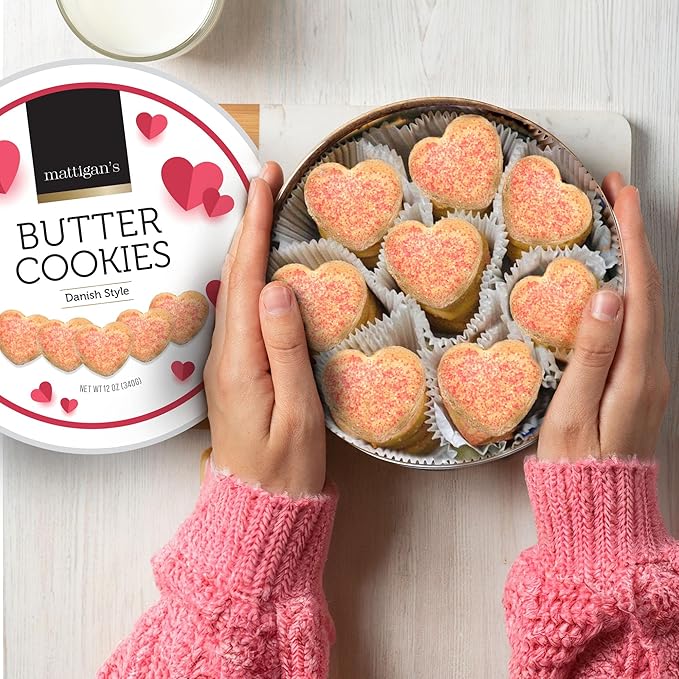 Mattigan's Pink Heart Butter Cookies Danish Style Cookie, 12 Oz Tin, Gourmet Gifts, Holidays