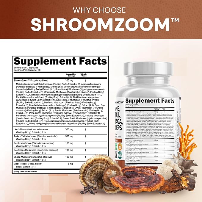 Clean Nutraceuticals Lions Mane 20in1 Mushroom Supplement with Turkey Tail Reishi Cordyceps Chaga