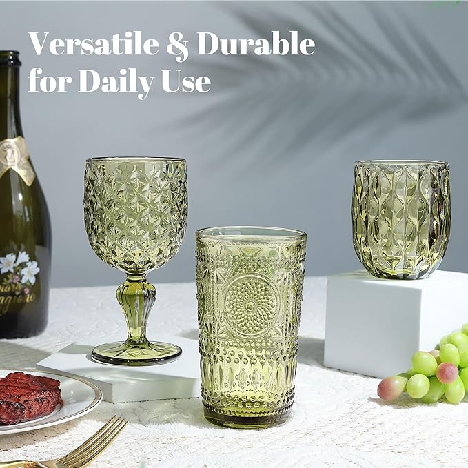 Joeyan Green Vintage Drinking Glasses,Embossed Boho Sunflower Highball Water Glass Tumbler,14 oz