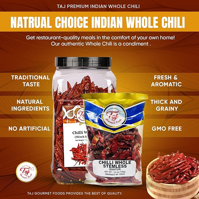 TAJ Premium Indian Whole Chilli (Whole Mirchi, without stem), (3.5 Ounce)