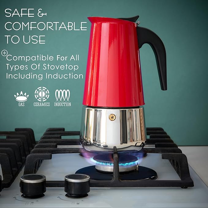 Mixpresso Red 9 Cup Greca Stovetop Espresso Pot 450ml/15oz, Moka Pot with Coffee Percolator Design