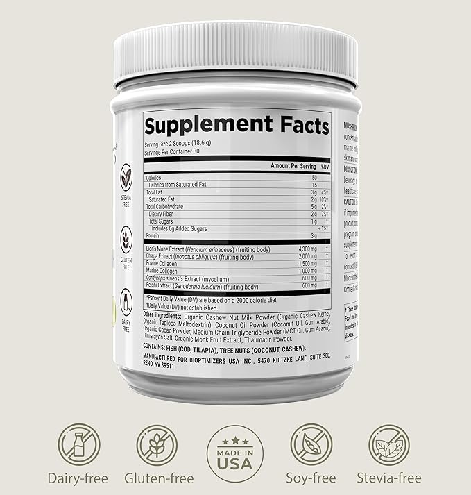 BIOptimizers Mushroom Coffee Alternative ??Chocolate Drink ??Lion?™s Mane, Chaga, Reishi + Collagen