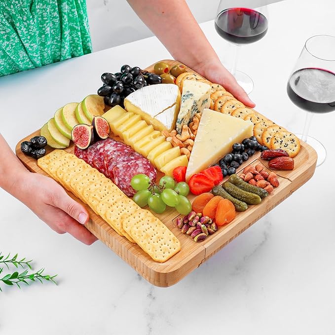 Zulay Kitchen Premium Bamboo Cheese Board Set - Extra Thick Bamboo Charcuterie Board Set with 4