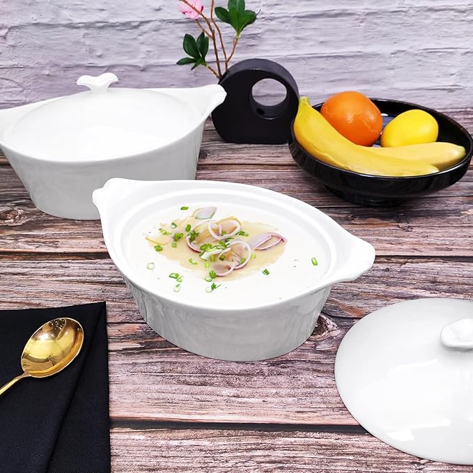 8.7" x 6.7" Ceramic Oval Casserole Dish with Lids,1.6 Qt White French Serving Soup Tureens, Baking