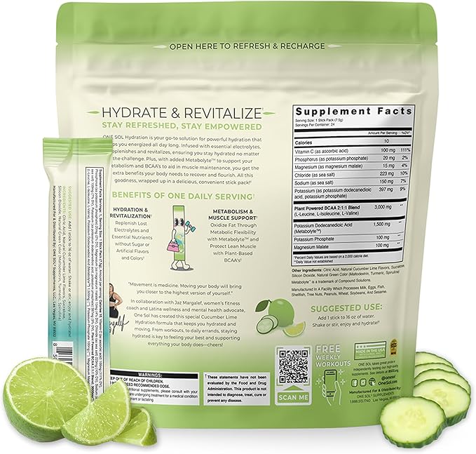One Sol Hydration - Cucumber Lime - 24x On The Go Stick Packs - Electrolyte Powder Drink Mix