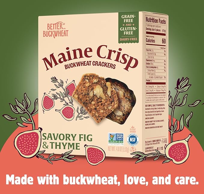 Maine Crisp Savory Fig & Thyme Crisps, 4 Pack, Vegan Gluten Free Crackers - Snack Crackers, Grain