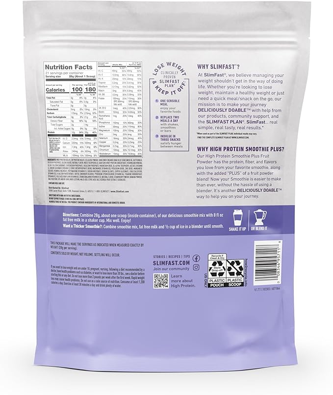 SlimFast High Protein Smoothie Mix Plus Fruit Powder, High Protein Meal Replacement Powder, Fiber