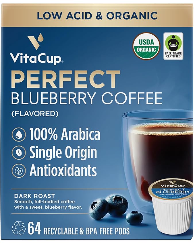 VitaCup Perfect Blueberry Flavored Low Acid Coffee Pods, Organic, Fair Trade, Dark Roast Single