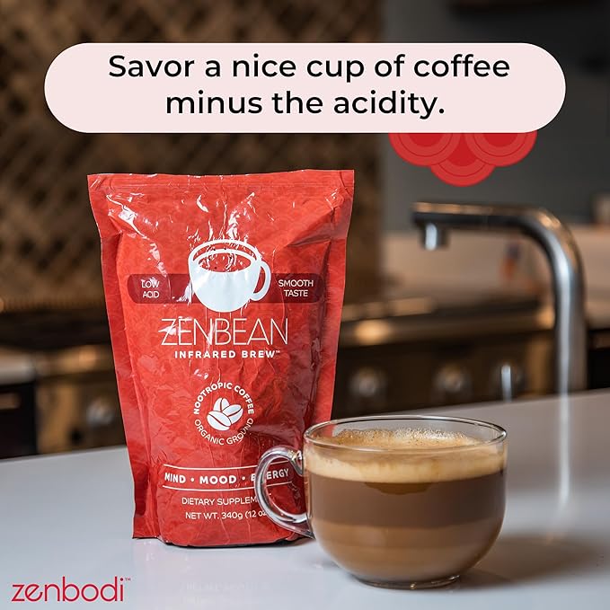 Zenbean Infrared Brew Medium Grind Low Acid Coffee - Nootropic Coffee with Rhodiola Rosea and
