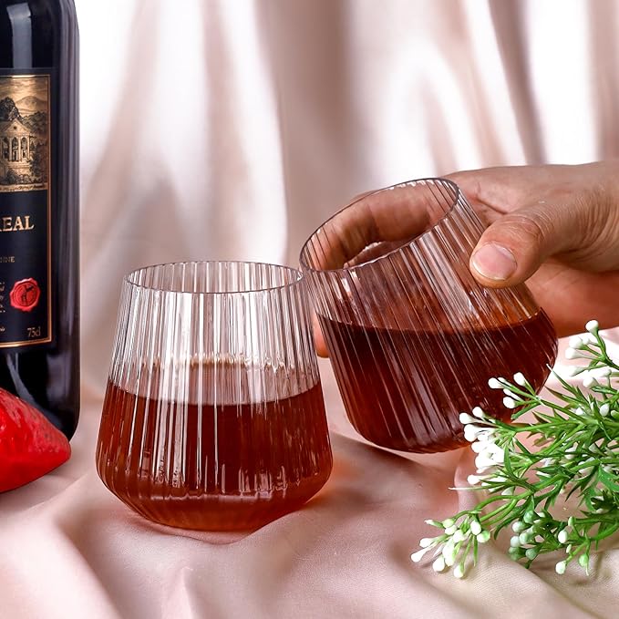 20 Pack Plastic Ribbed Wine Glasses, 14Oz Origami Disposable Wine Glasses Unbreakable Clear Plastic