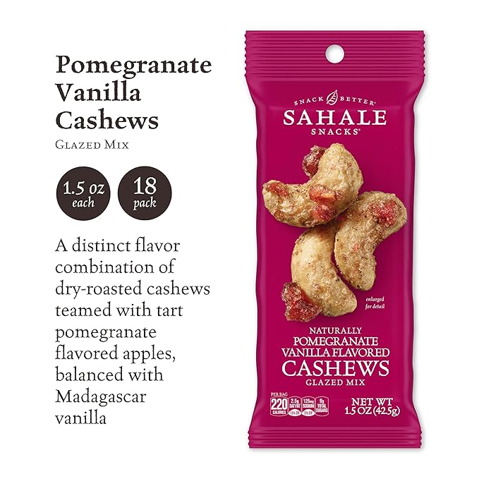 Sahale Snacks Pomegranate Vanilla Cashews, 1.5 oz Bags (18 Packs) - Dry-Roasted Deluxe Mixed Nuts