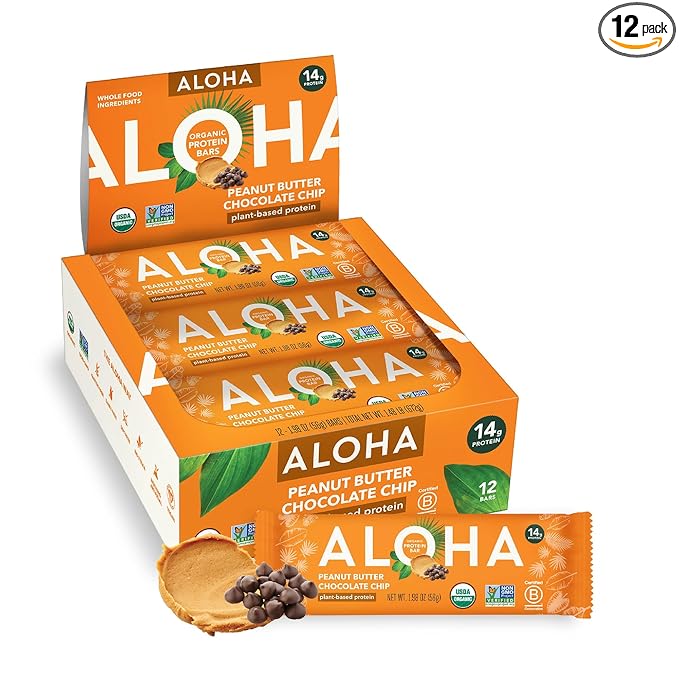 ALOHA Organic Plant Based Protein Bars |Peanut Butter Chocolate Chip | 1.98 Oz (Pack of 12) |