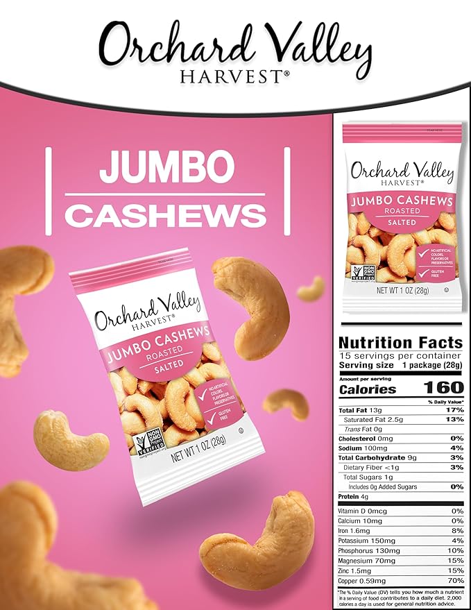 Orchard Valley Harvest Jumbo Cashews, 1 oz Bags (Pack of 15), Whole Roasted Salted Cashews, Gluten