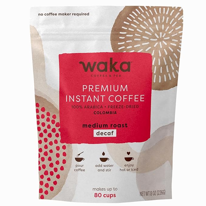 Waka Premium Decaf Instant Coffee Pouch — 100% Colombian Arabica Freeze Dried Beans — For Hot or