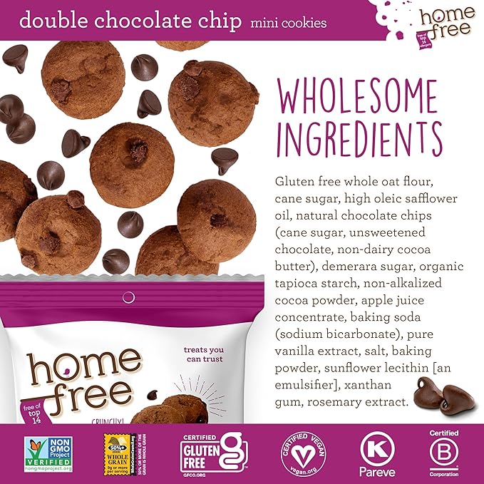 Homefree Treats You Can Trust Gluten Free Mini Cookies, Single Serve, Double Chocolate Chip, 0.95