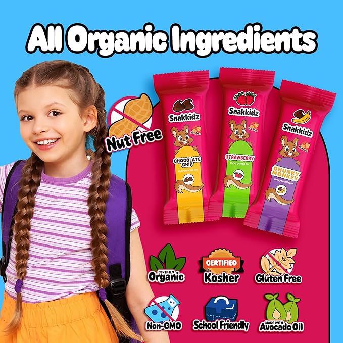 Snakkidz Organic Chewy Granola Bar, Allergen Free, Made with Avocado Oil, Low Sugar (45 Bars