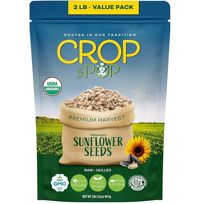 CROP BY POP - Organic Raw Hulled Sunflower Seed Kernels, Unsalted, Shelled (32oz - 2 LB) Packed
