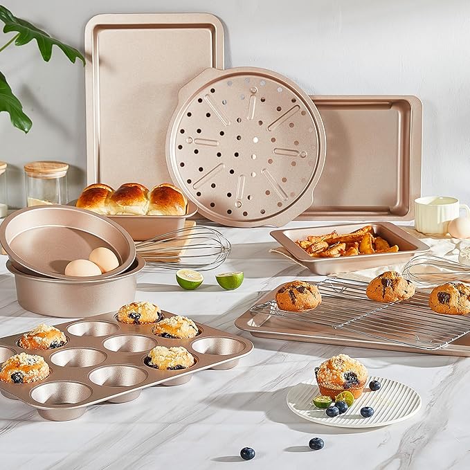 HONGBAKE Bakeware Sets, Baking Pans Set, Nonstick Oven Pan for Kitchen with Wider Grips, 10-Piece