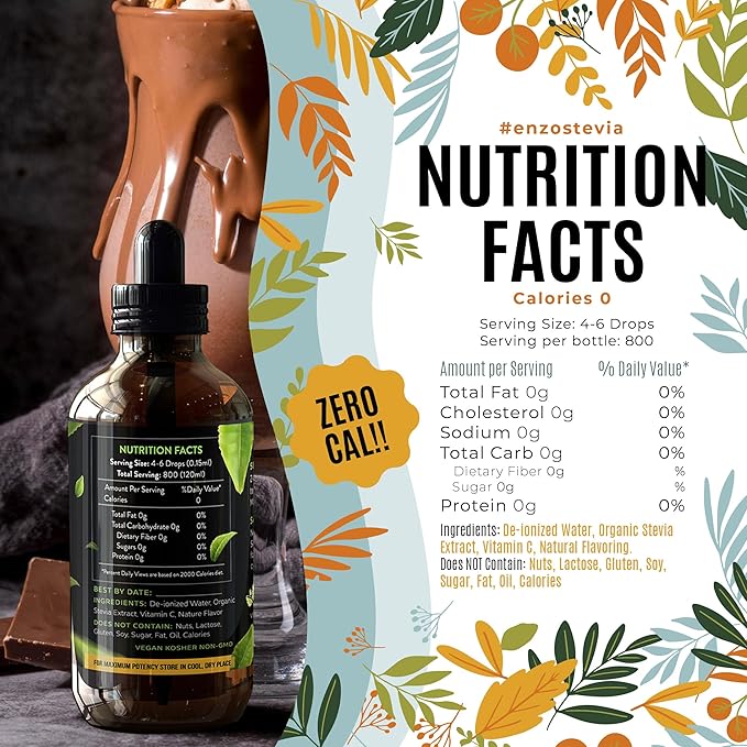 Enzo Liquid Stevia Drops Our Zero Calories Sweetener (4oz - 800 Servings/Bottle) - Chocolate Peanut