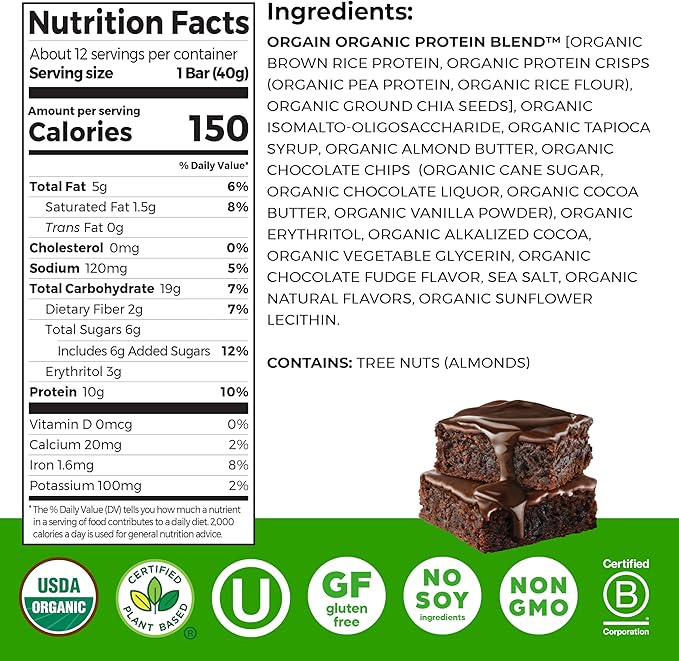 Orgain Organic Vegan Protein Bars, Chocolate Brownie - 10g Plant Based Protein, Low Calorie Healthy