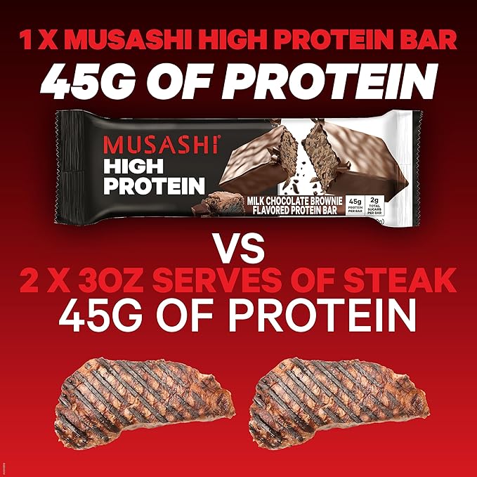 MUSASHI High Protein Bar, 45g Protein, 2g Total Sugars, Milk Chocolate Brownie, Post Workout and