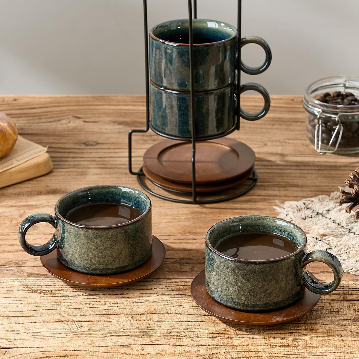 LUKA 6 Ounce Porcelain Stackable Espresso Cups with Saucers and Metal Stand Set of 4, Ceramic