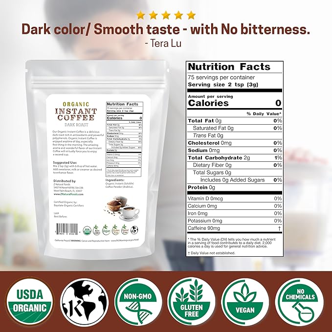 Z Natural Foods Organic Instant Coffee Powder - Rich Dark Roast Flavor, Arabica Instant Espresso