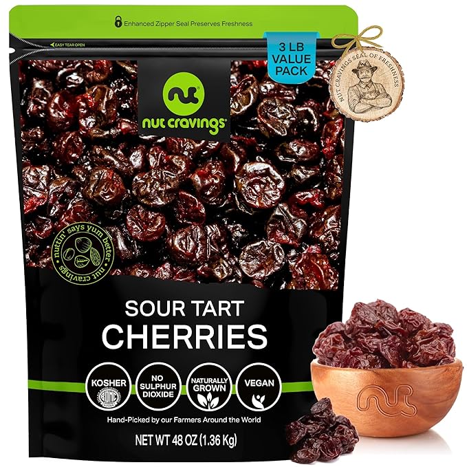 NUT CRAVINGS - Sun Dried Sour Tart Cherries, Lightly Sweetened, Unsulphured (48oz, 3 LB) Bulk Dry