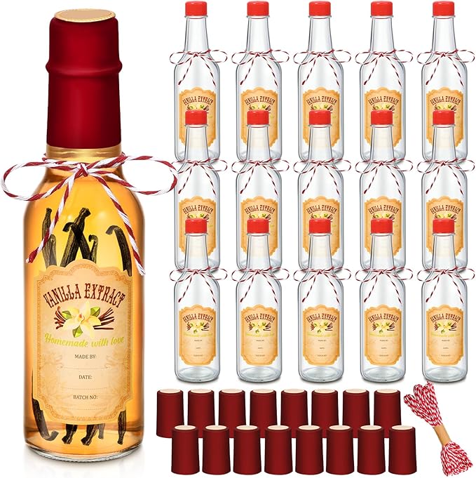 Tioncy 16 Pcs Vanilla Extract Bottles for Homemade Vanilla Jar Glass Bottle with Cap, Shrink Band