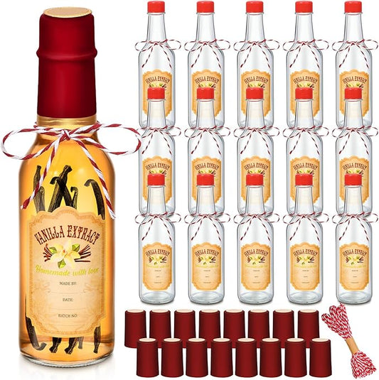 Tioncy 16 Pcs Vanilla Extract Bottles for Homemade Vanilla Jar Glass Bottle with Cap, Shrink Band
