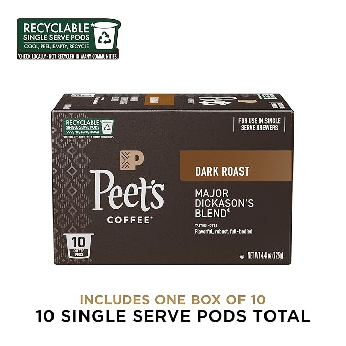 Peet's Coffee, Dark Roast Single Serve Coffee Pods - Major Dickason's Blend 10 Count (1 Box of 10