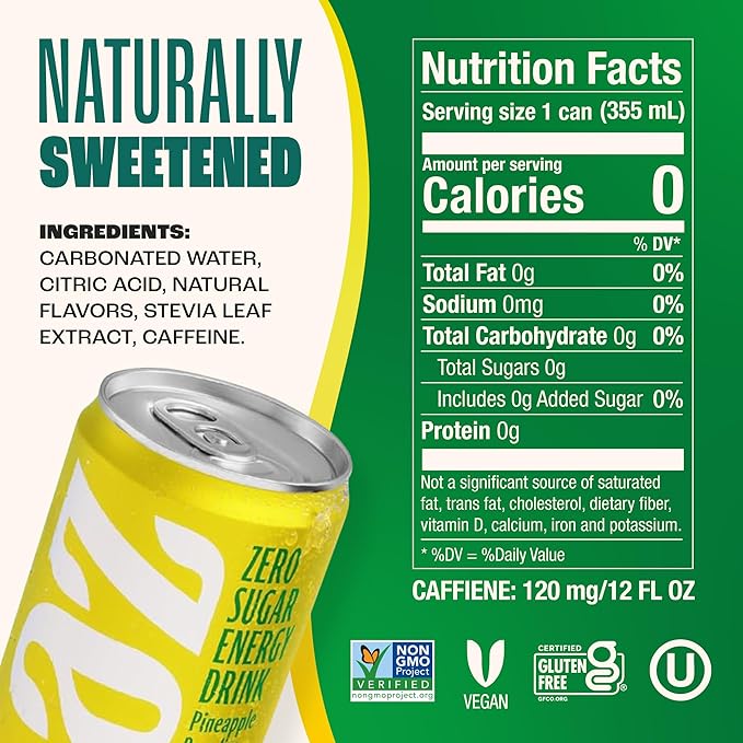 Zevia Zero Sugar Energy Drink, Pineapple Paradise, 12 oz Cans (12-Pack) – Naturally Sweetened