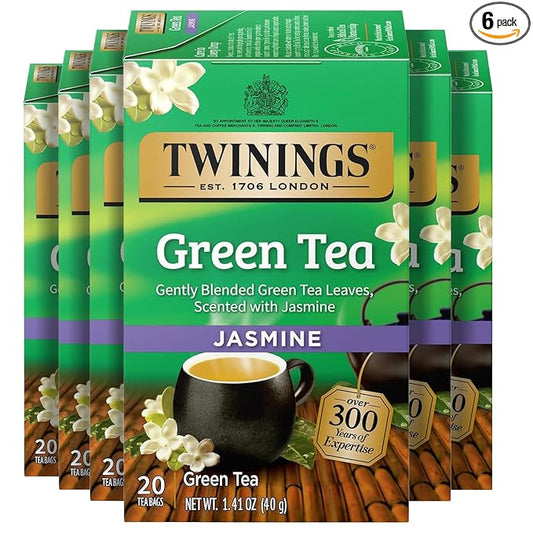Twinings Green Tea with Jasmine Individually Wrapped Bags, 20 Count (Pack of 6), Fragrant Floral
