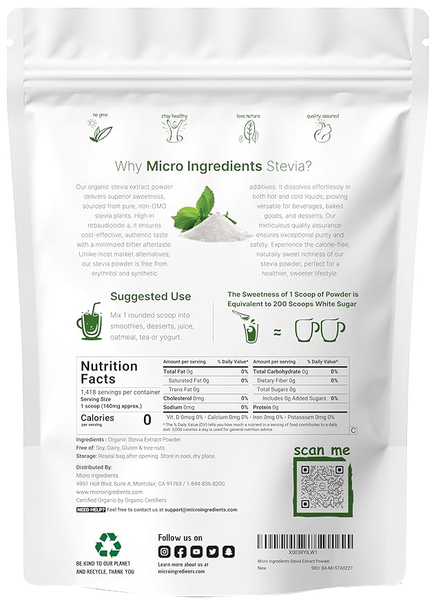 Pure Organic Stevia Powder, 8 Ounces, 1418 Serving, High Grade Stevia Green Leaf Extract Reb-A