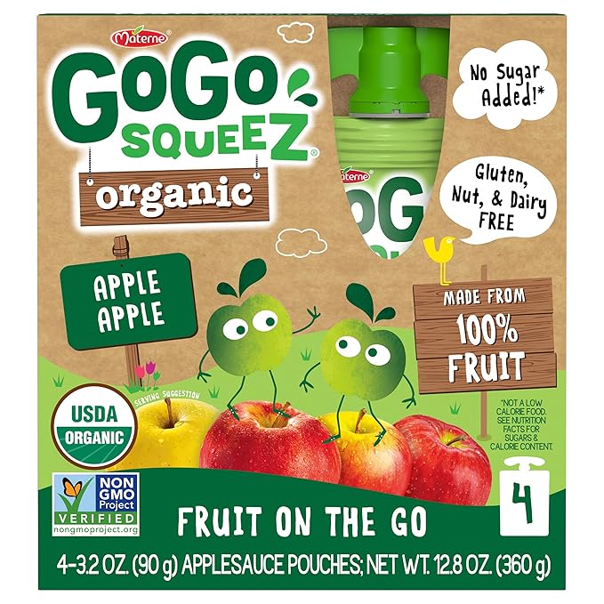 GoGo squeeZ Organic Applesauce and Fruit Puree, Apple Apple, 3.2 oz (Pack of 48), Unsweetened