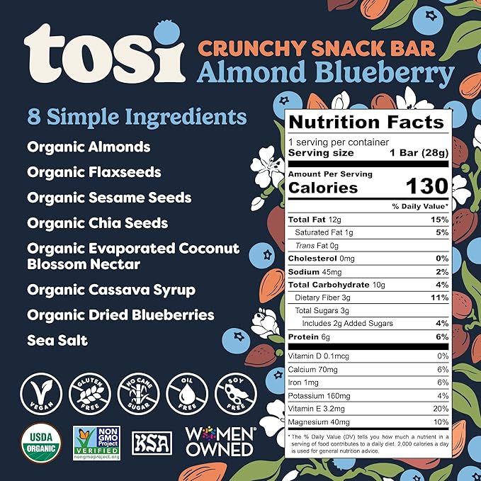 Tosi Almond Blueberry Protein Bars, Plant Based with Nuts, Gluten-Free Crunchy Snacks, Vegan