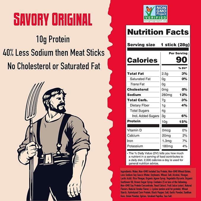 AGRO POWER Vegan Jerky Sticks ??Savory Original Flavor ??7-Stick Bag of Plant-Based Jerky with 10g