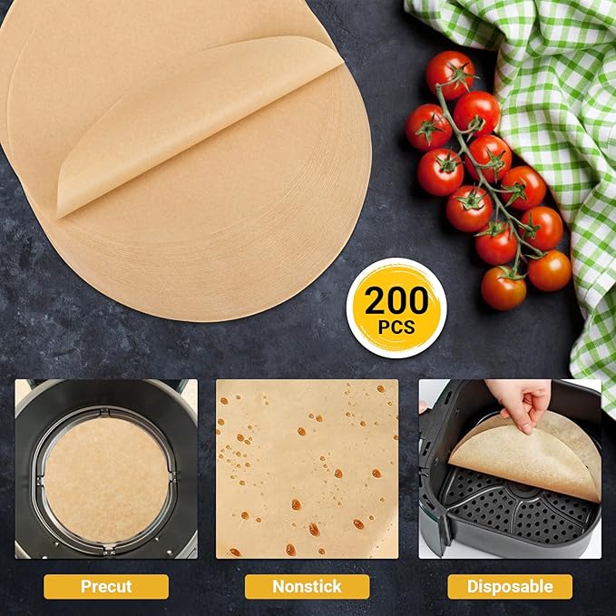 Beasea Air Fryer Disposable Liners 9 Inch, 200pcs Parchment Paper Unbleached Round Filter Paper
