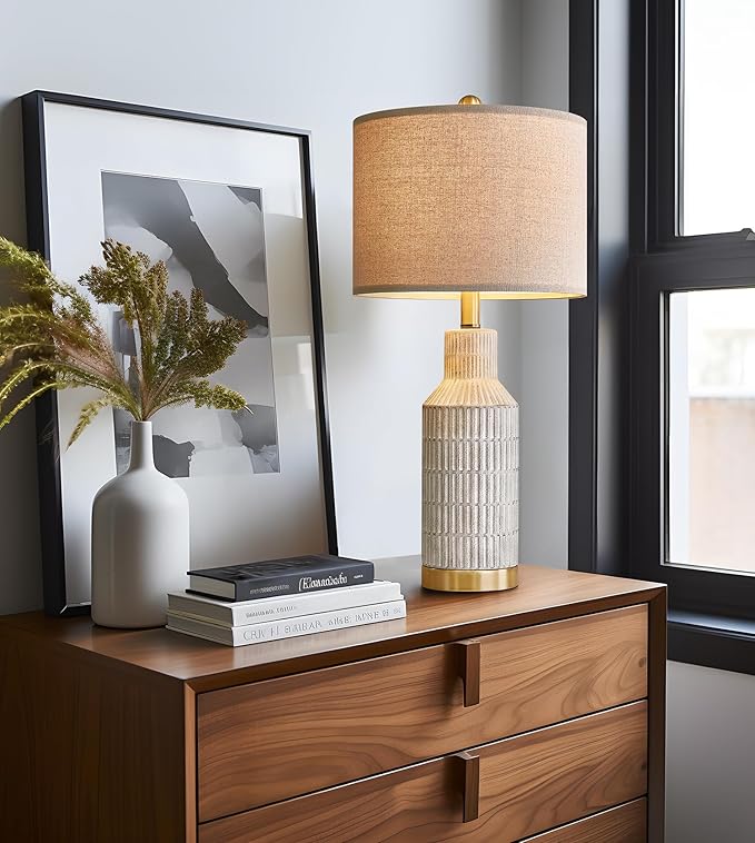 25" Table Lamps Set of 2 - Modern Bedside Lamps for Living Room - White Washed Ceramic Nightstand