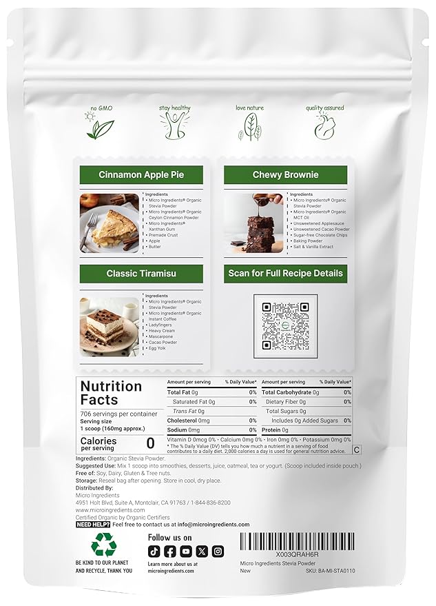 Pure Organic Stevia Powder, 4 Ounces, 706 Serving, Highest Grade Stevia Green Leaf Extract Reb-A