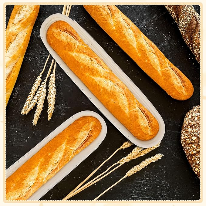 Vesici 15 Inches Baguette Banneton Proofing Basket 6 Pack with Linen Liner Baguette Banneton Bread