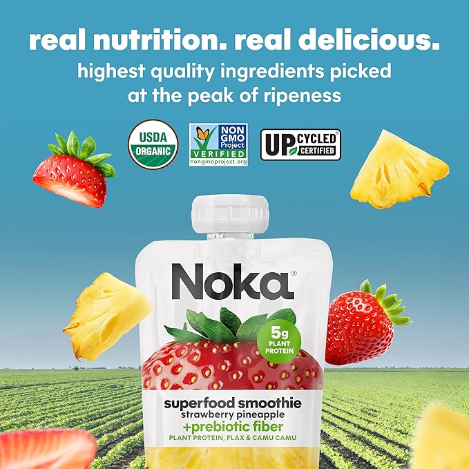 Noka Superfood Fruit Smoothie Pouches Variety Pack, Healthy Snacks with Flax Seed, Plant Protein