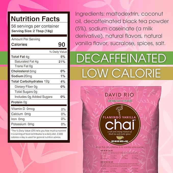 Flamingo Vanilla Decaffeinated Reduced Calorie Chai Tea Latte Mix, 48 Oz, Decaf Black Tea, Organic